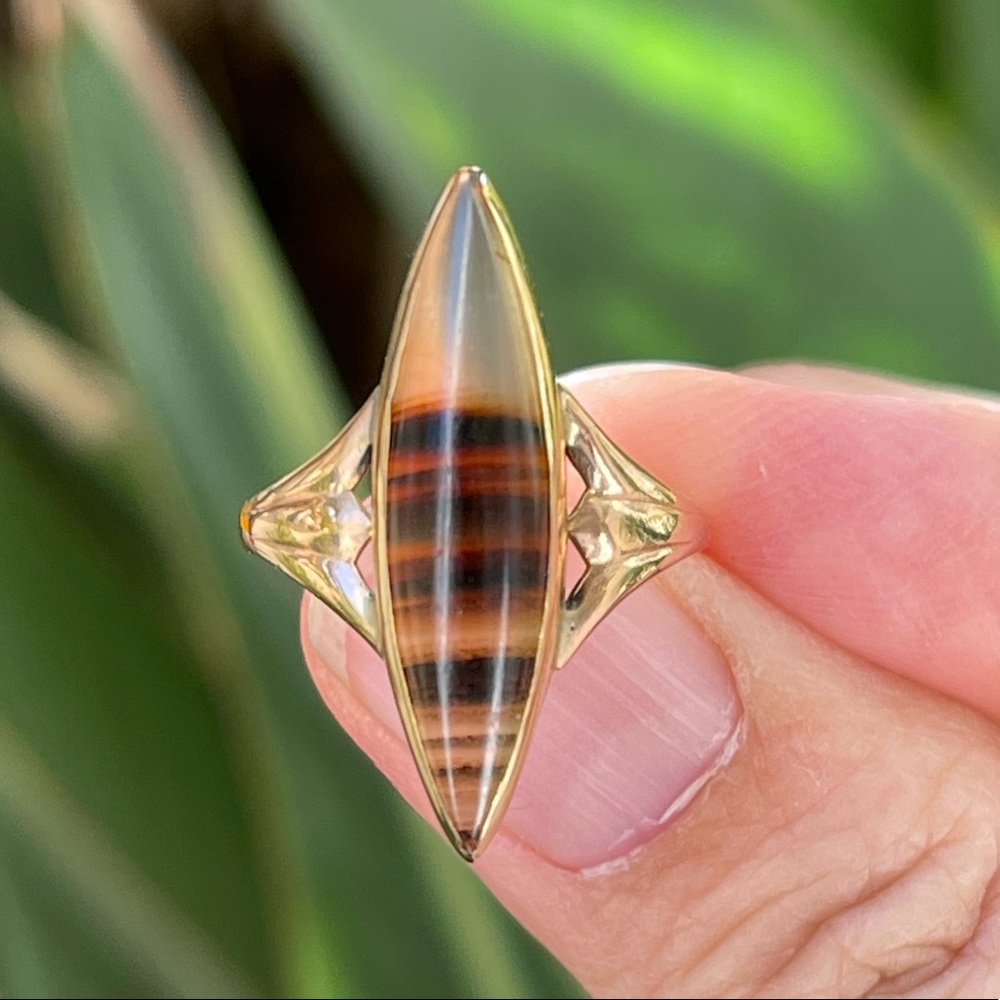 Victorian antique solid 10K rose gold banded agate ring - Picture 9 of 11